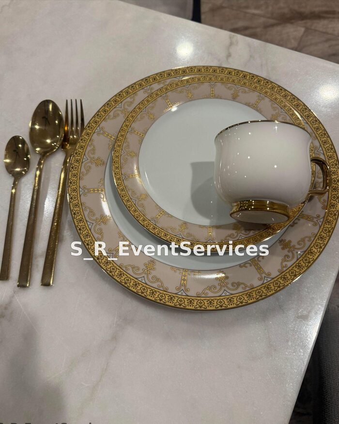 Champagne Beige tableware, Gold Lattice Floral pattern